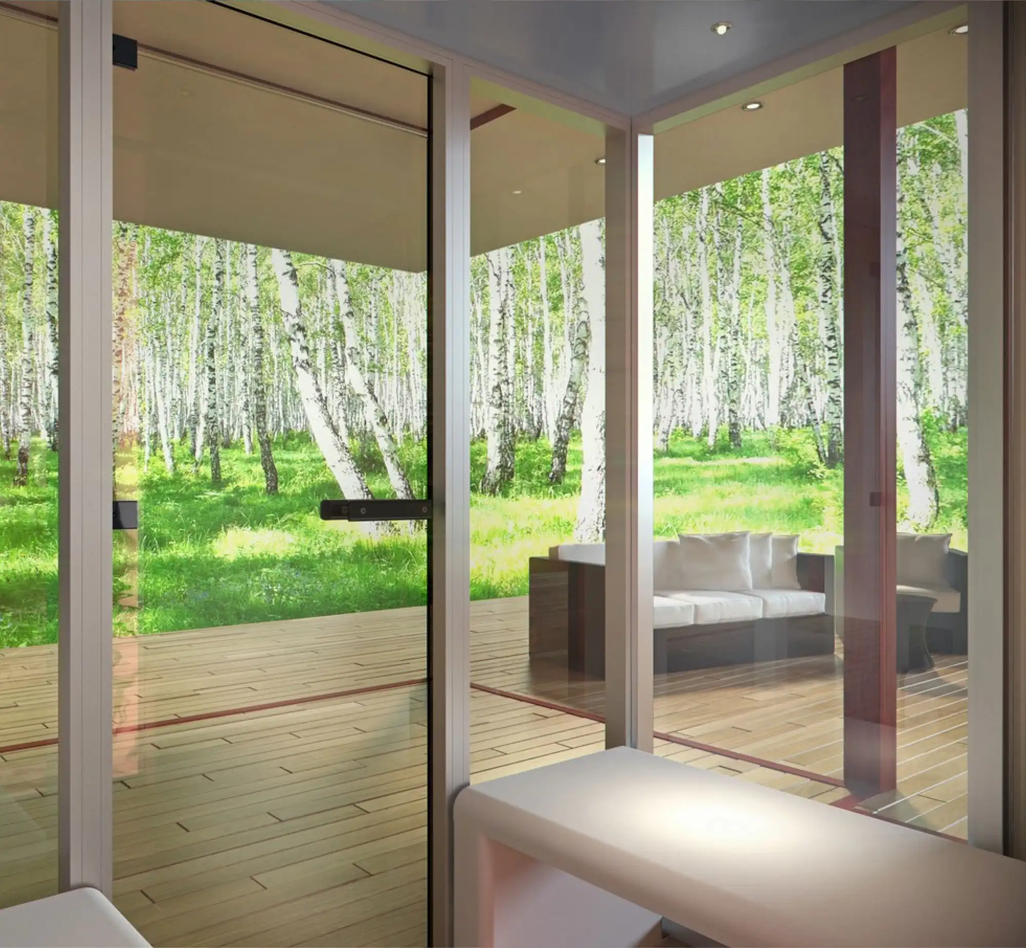 Clear tempered glass steam room door in tiled enclosure